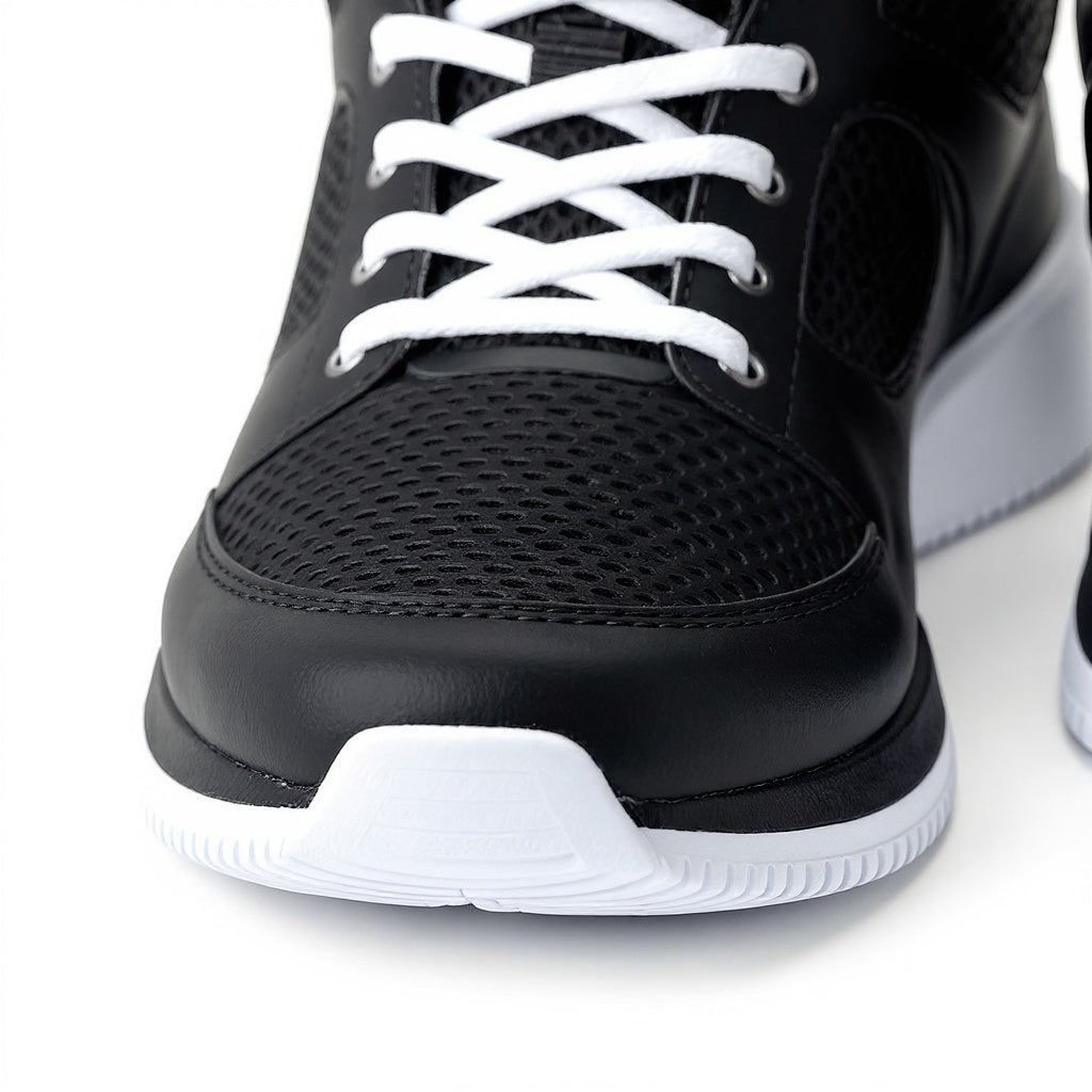 Close-up of synthetic leather and nylon mesh on Synthetic Boxing Shoes, macro texture shot