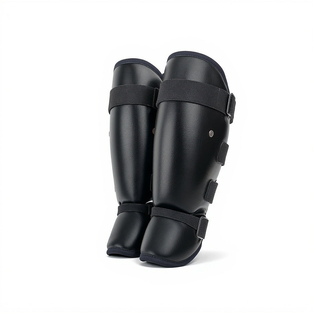 Hero shot of Synthetic Leather Shin Guards on white studio background, full product visible
