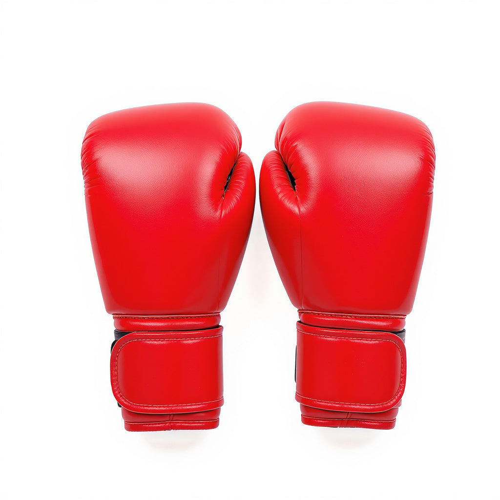 Hero shot of PU Leather Boxing Gloves – Youth Training, 6-12 Years, Red on white studio background, full product visible
