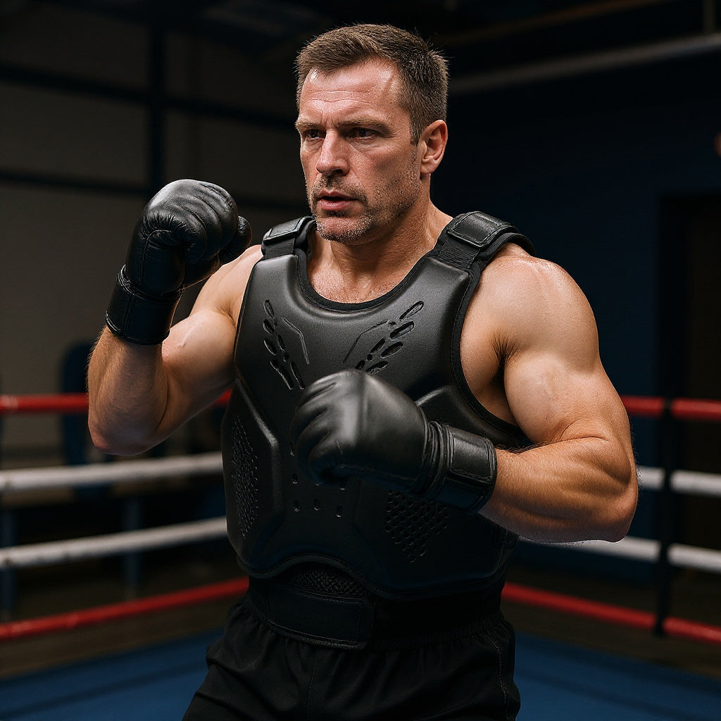 Foam Boxing Chest Protector in boxing gym, fighter training with coach, natural lighting