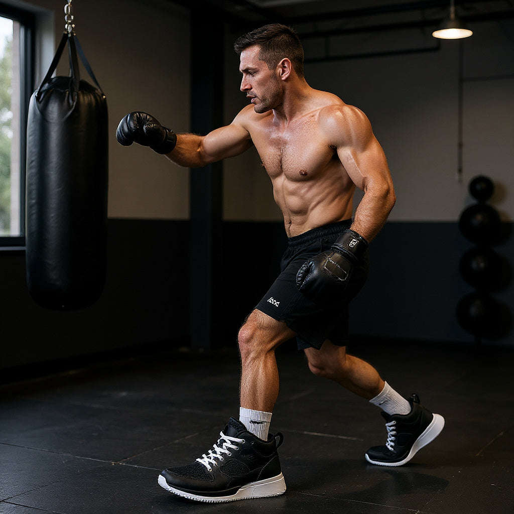 Synthetic Boxing Shoes in boxing gym, athlete training with proper footwork, natural lighting