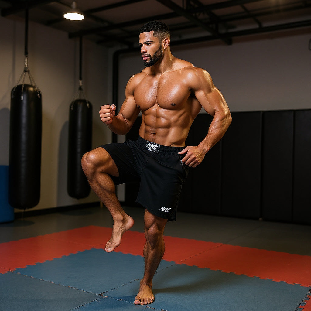 Men Polyester/Spandex MMA Shorts in MMA training session, fighter executing a kick, natural lighting