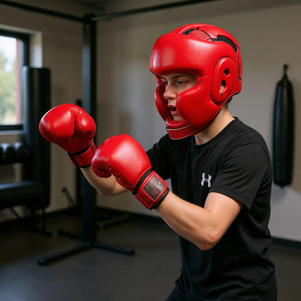 Youth wearing Padded Foam Boxing Headgear in boxing gym, practicing punches, natural lighting