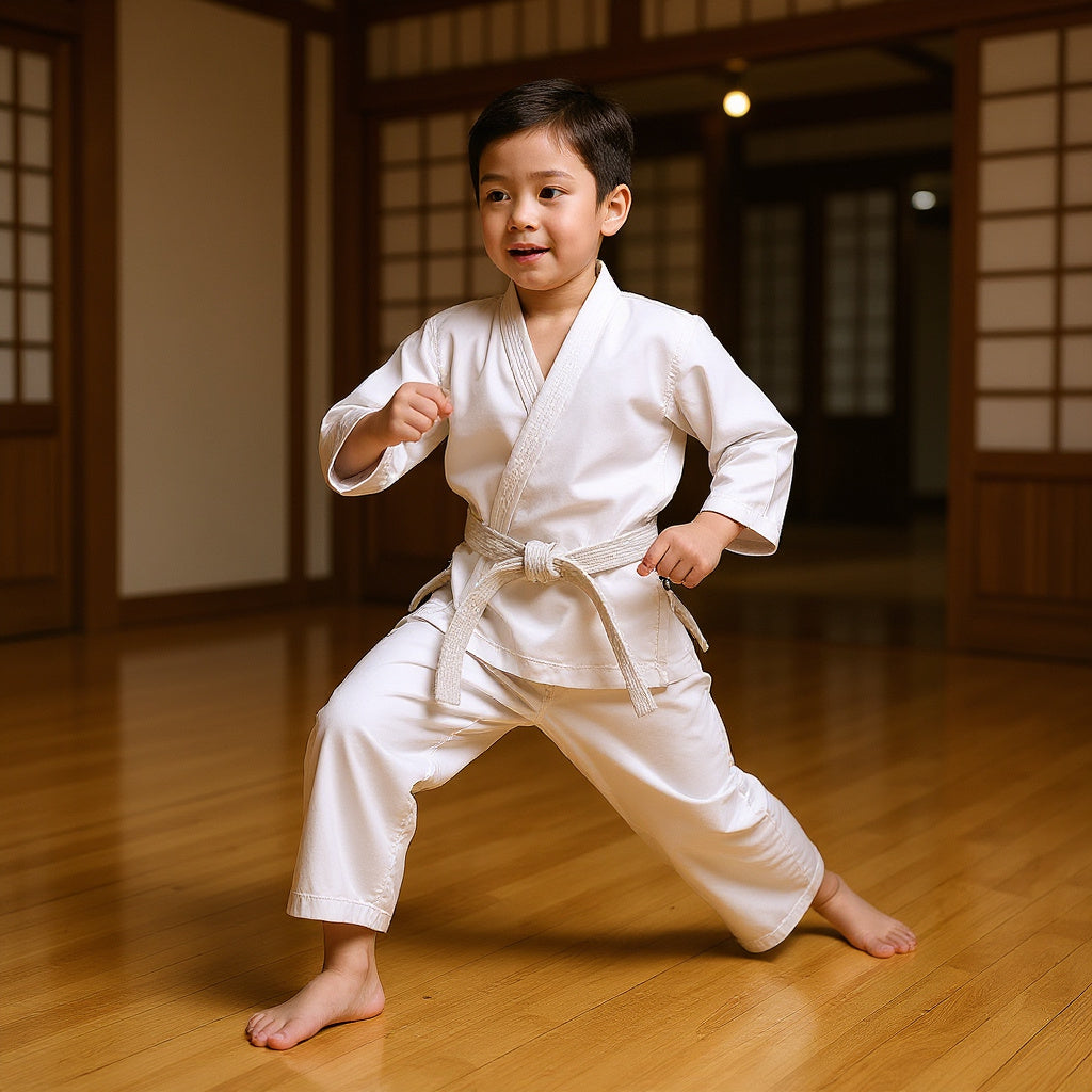 Cotton Blend Karate Uniform in dojo setting, young martial artist practicing kata, natural lighting