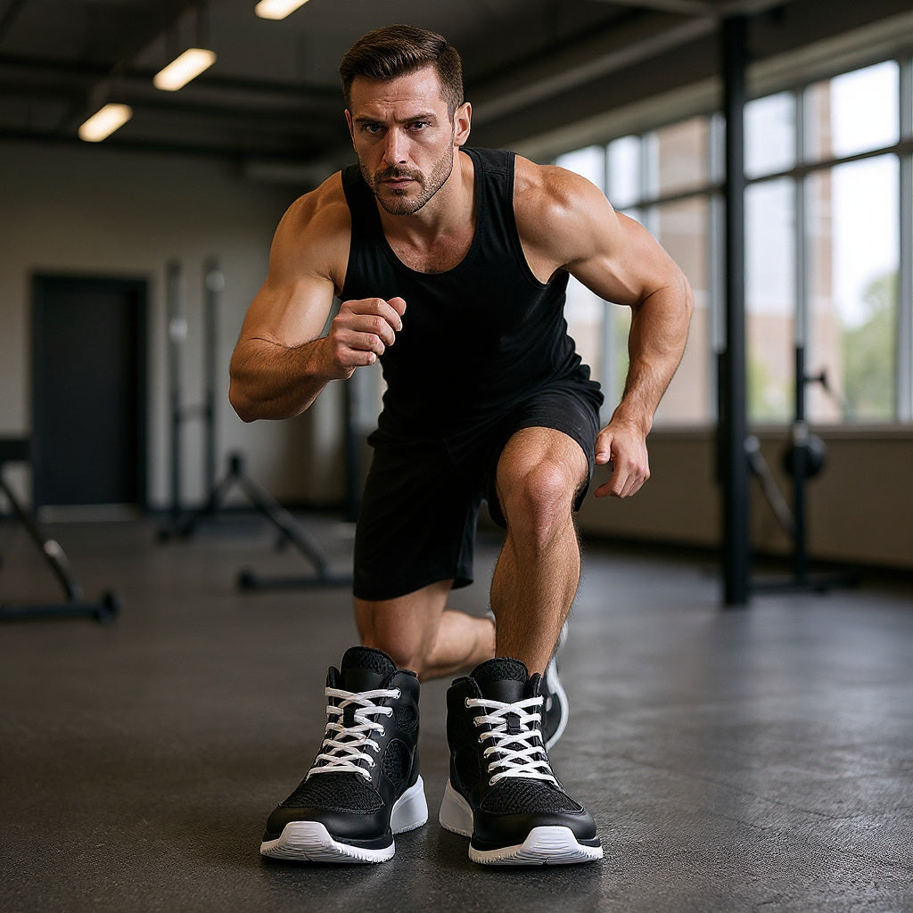 Synthetic Boxing Shoes in ring during sparring session, side angle, editorial style